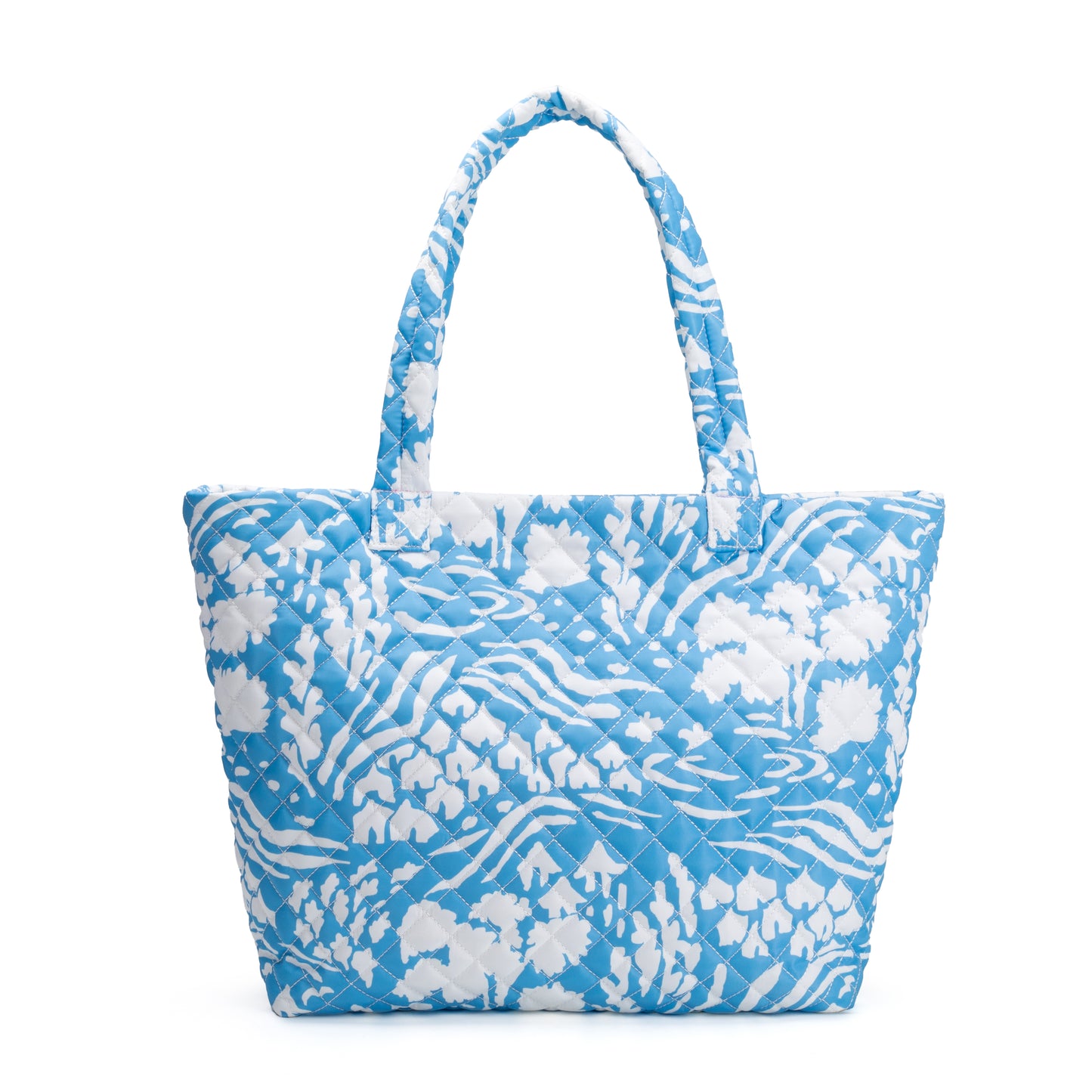 Albemarle Quilted Tote by Mayfair & Finch featuring a stylish quilted exterior, vibrant French ticking interior, and bonus Bond Bag, perfect for fashion and function.