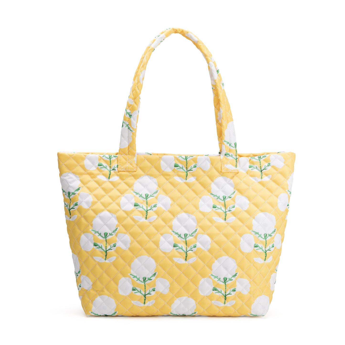 Albemarle Quilted Tote by Mayfair & Finch featuring a stylish quilted exterior, vibrant French ticking interior, and bonus Bond Bag, perfect for fashion and function.