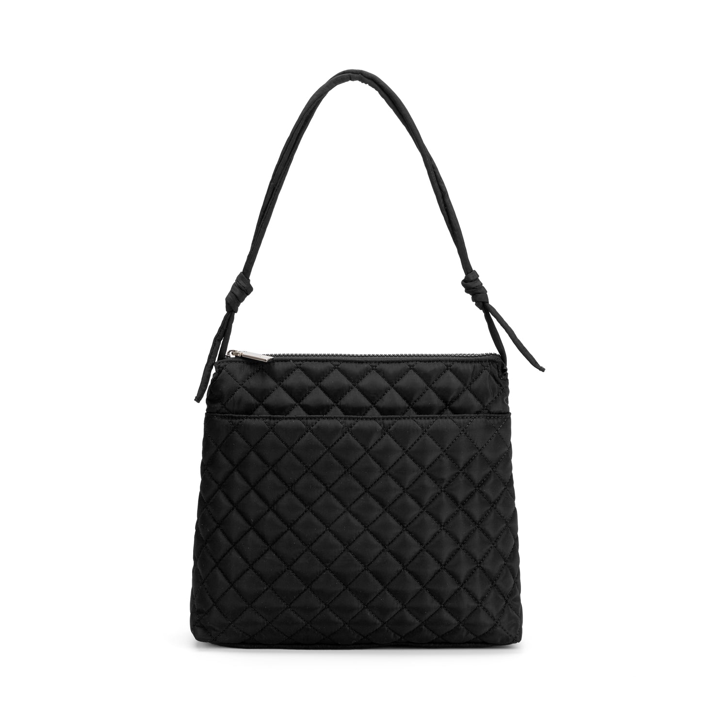 Berkeley Square Crossbody Bag by Mayfair & Finch featuring quilted design, vibrant French ticking lining, chrome accents, and zip pockets for chic everyday use.