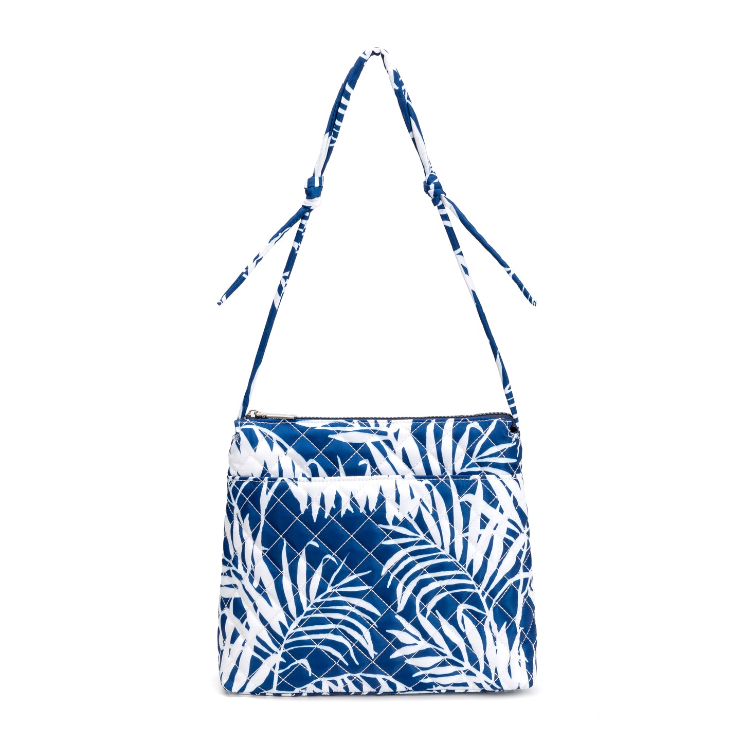 Berkeley Square Crossbody Bag by Mayfair & Finch featuring quilted design, vibrant French ticking lining, chrome accents, and zip pockets for chic everyday use.