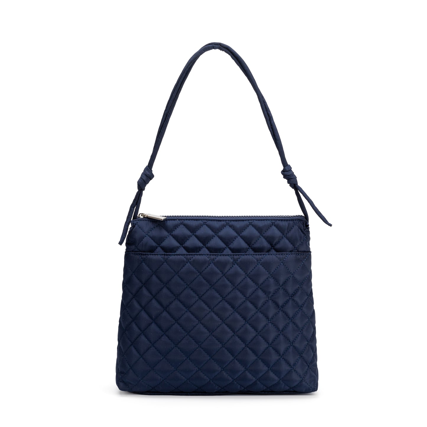 Berkeley Square Crossbody Bag by Mayfair & Finch featuring quilted design, vibrant French ticking lining, chrome accents, and zip pockets for chic everyday use.