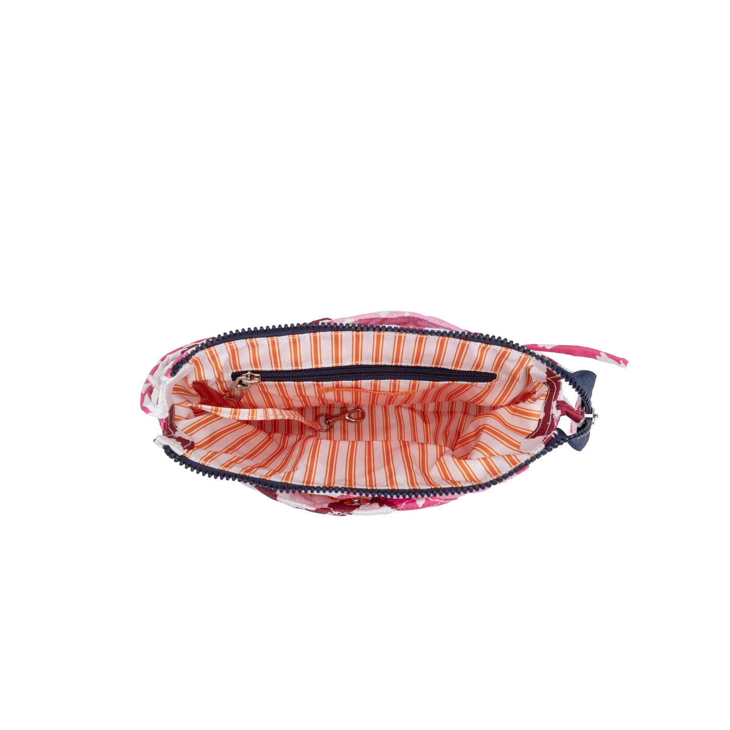 Berkeley Square Crossbody Bag by Mayfair & Finch featuring quilted design, vibrant French ticking lining, chrome accents, and zip pockets for chic everyday use.