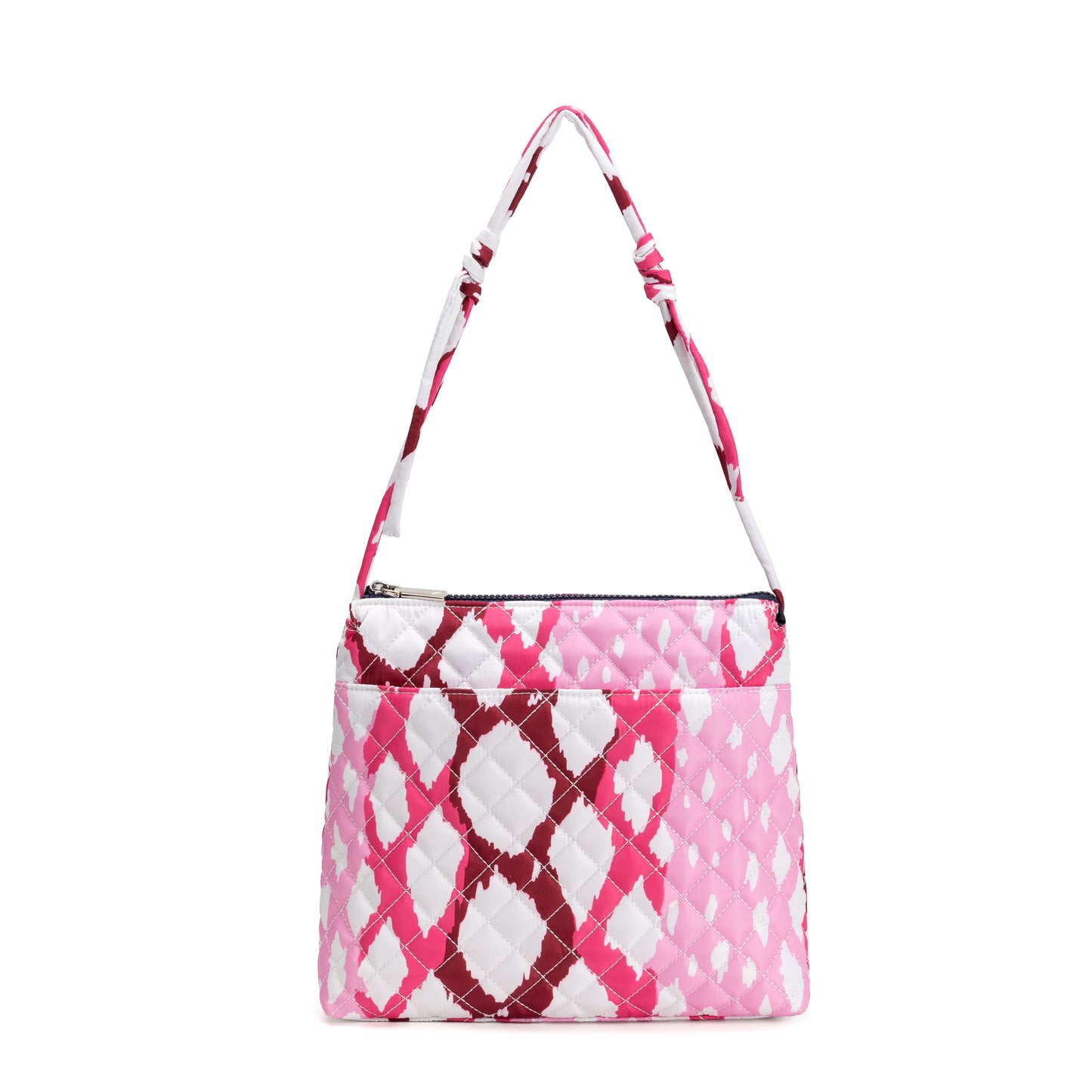 Berkeley Square Crossbody Bag by Mayfair & Finch featuring quilted design, vibrant French ticking lining, chrome accents, and zip pockets for chic everyday use.