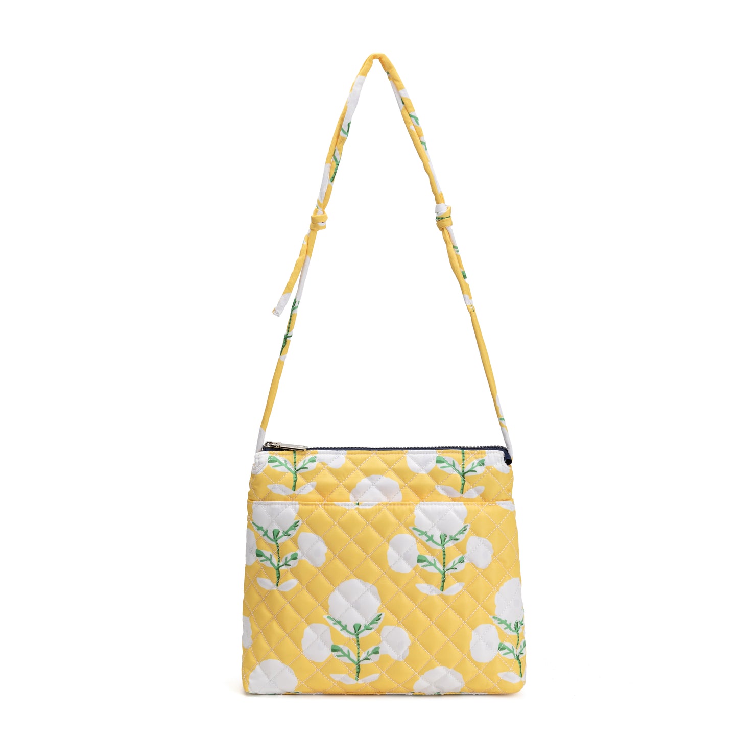 Berkeley Square Crossbody Bag by Mayfair & Finch featuring quilted design, vibrant French ticking lining, chrome accents, and zip pockets for chic everyday use.
