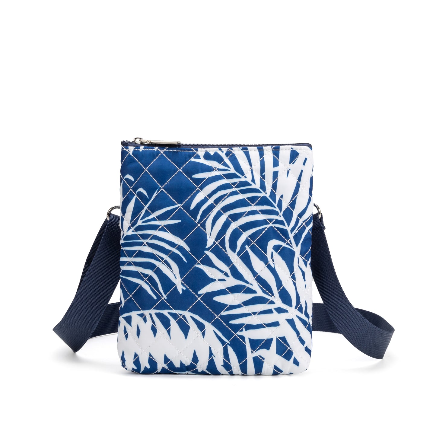 Hyde Park Crossbody Bag by Mayfair & Finch, featuring quilted fabric, French ticking lining, and sleek zip closure for stylish hands-free use.