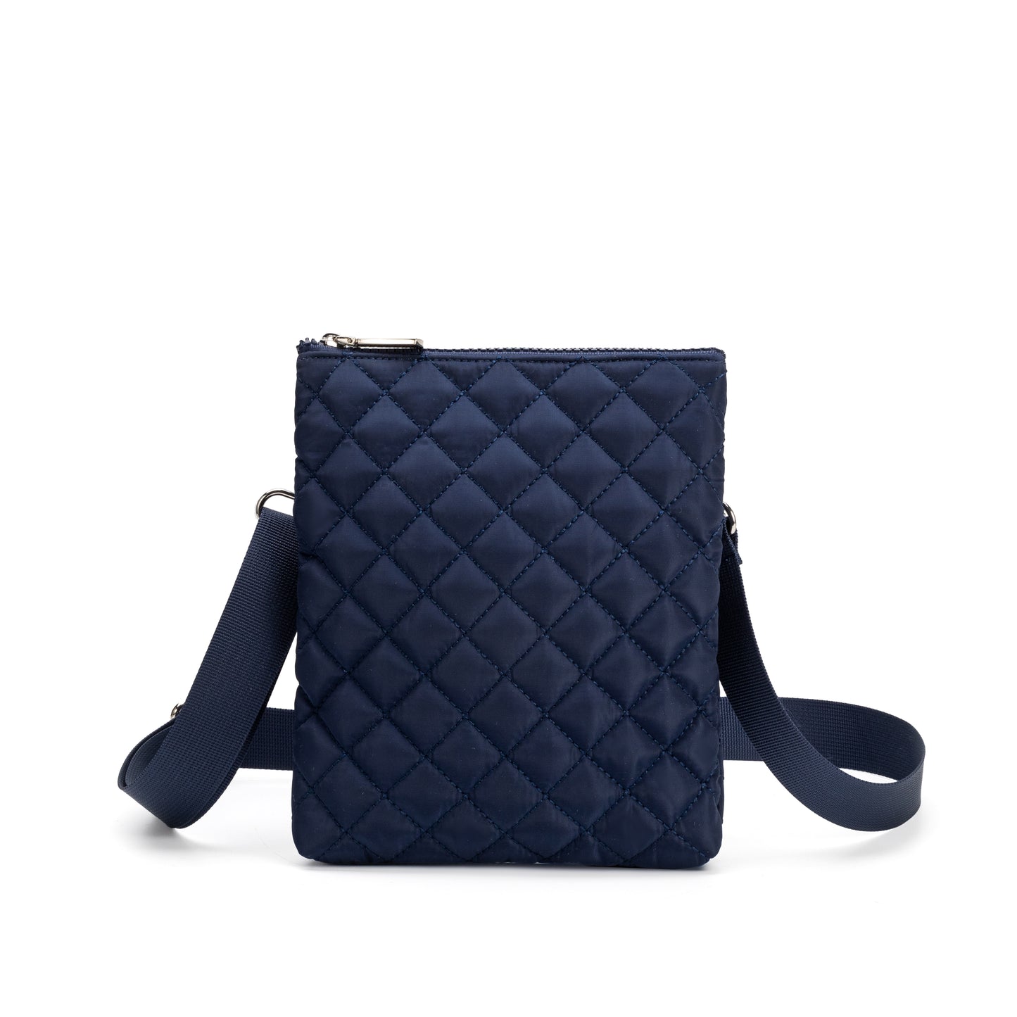 Hyde Park Crossbody Bag by Mayfair & Finch, featuring quilted fabric, French ticking lining, and sleek zip closure for stylish hands-free use.