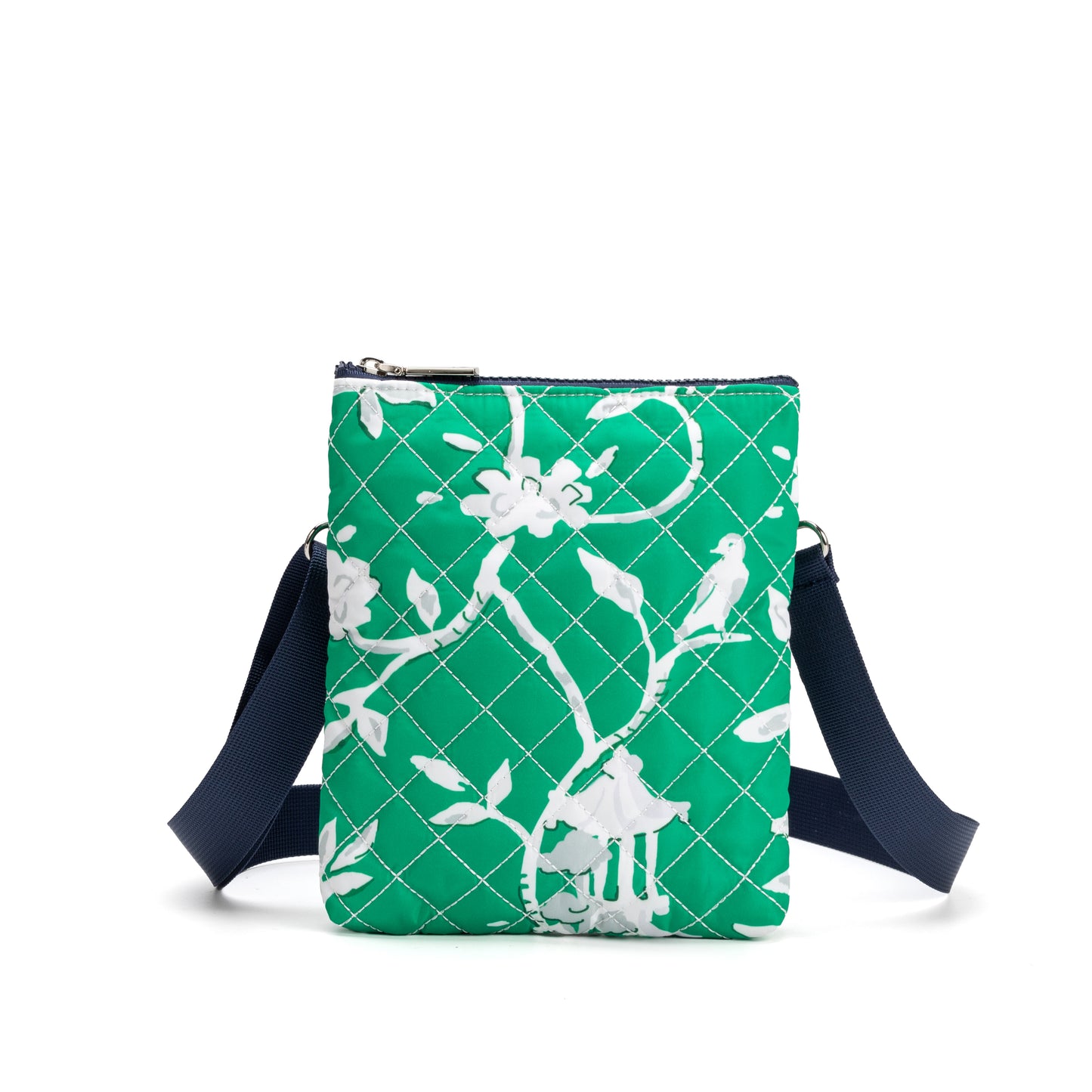 Hyde Park Crossbody Bag by Mayfair & Finch, featuring quilted fabric, French ticking lining, and sleek zip closure for stylish hands-free use.