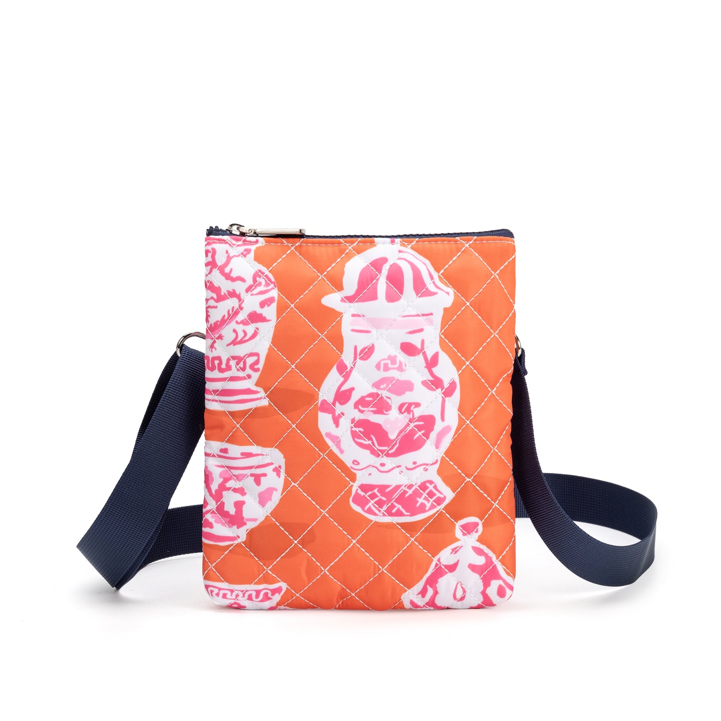 Hyde Park Crossbody Bag by Mayfair & Finch, featuring quilted fabric, French ticking lining, and sleek zip closure for stylish hands-free use.