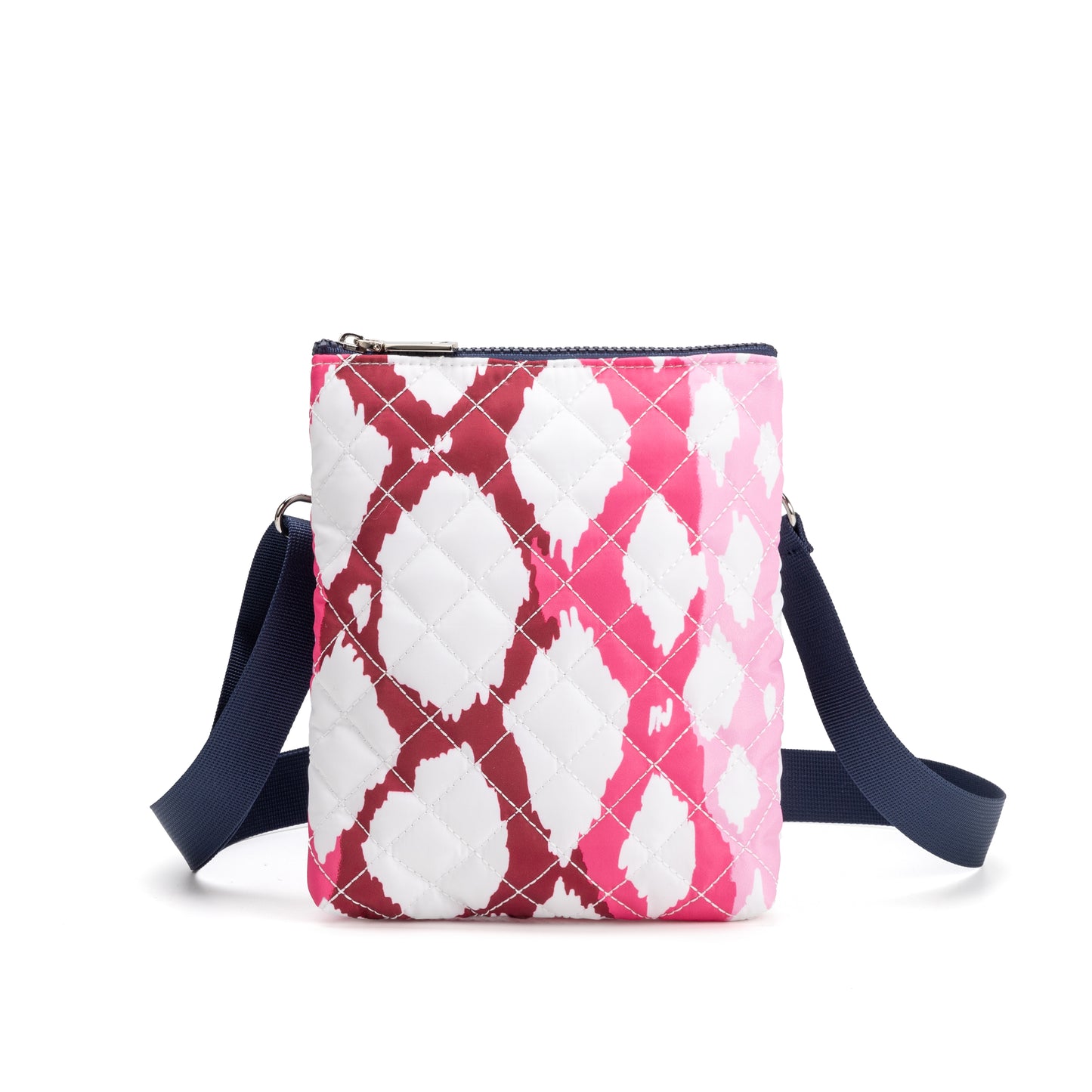 Hyde Park Crossbody Bag by Mayfair & Finch, featuring quilted fabric, French ticking lining, and sleek zip closure for stylish hands-free use.