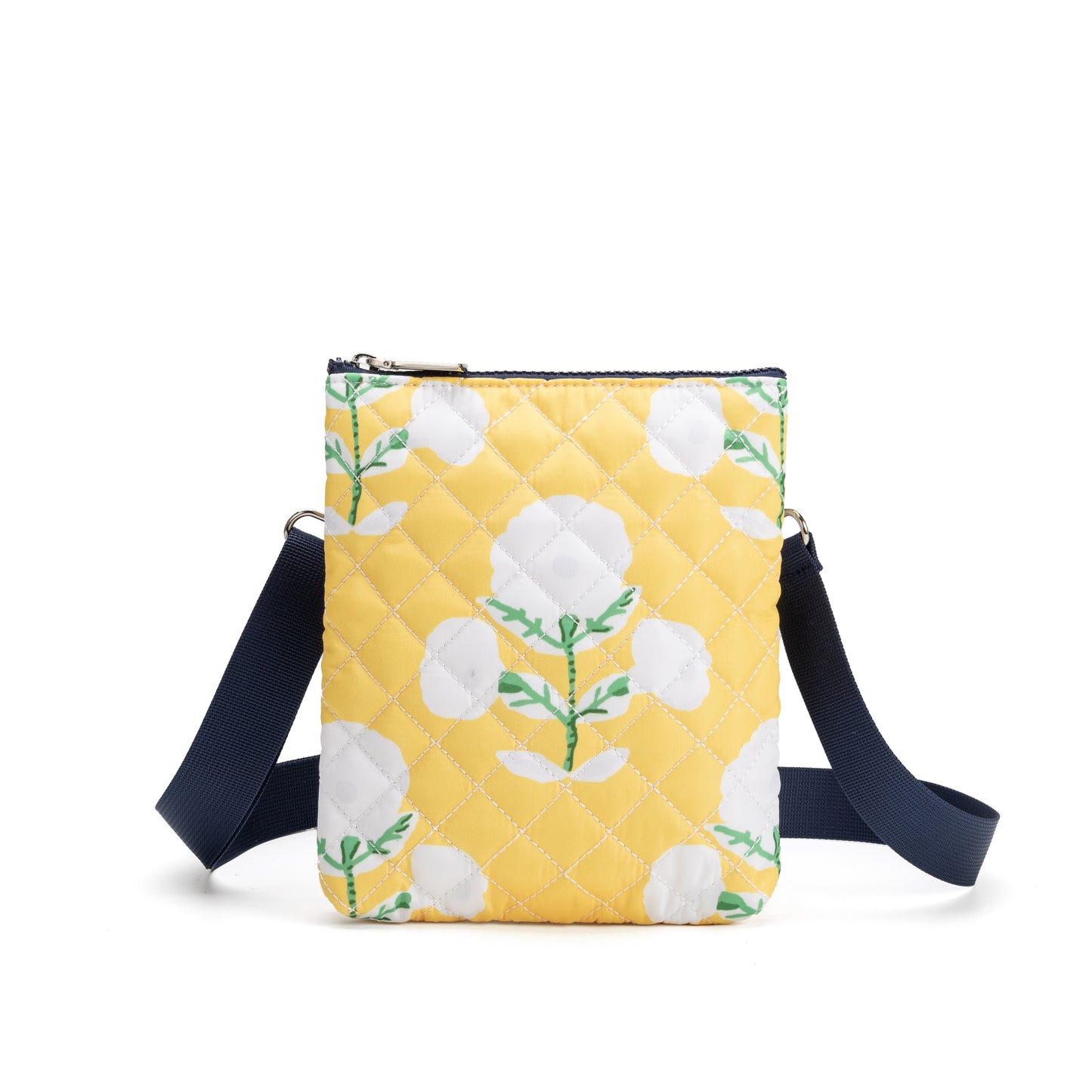 Hyde Park Crossbody Bag by Mayfair & Finch, featuring quilted fabric, French ticking lining, and sleek zip closure for stylish hands-free use.