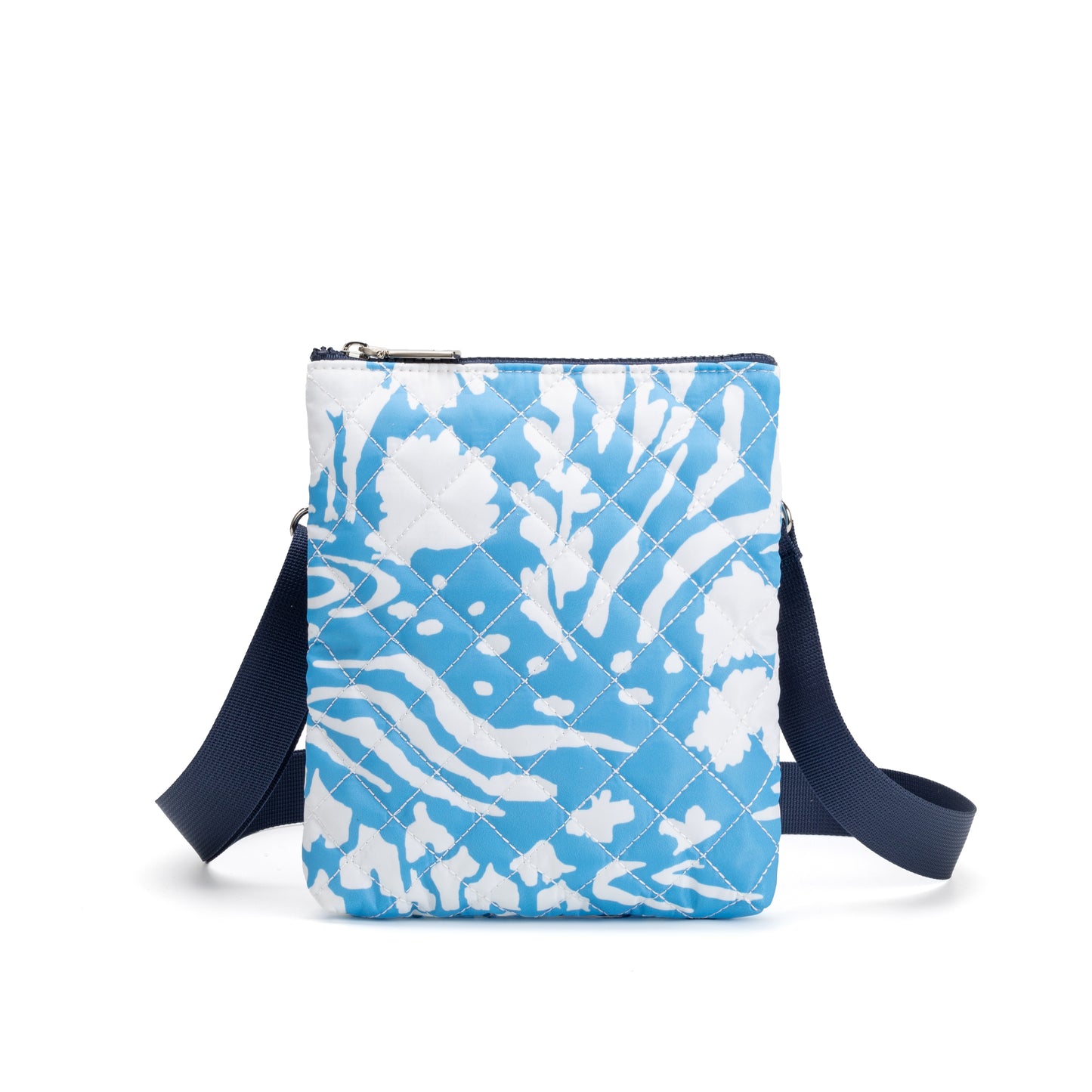 Hyde Park Crossbody Bag by Mayfair & Finch, featuring quilted fabric, French ticking lining, and sleek zip closure for stylish hands-free use.