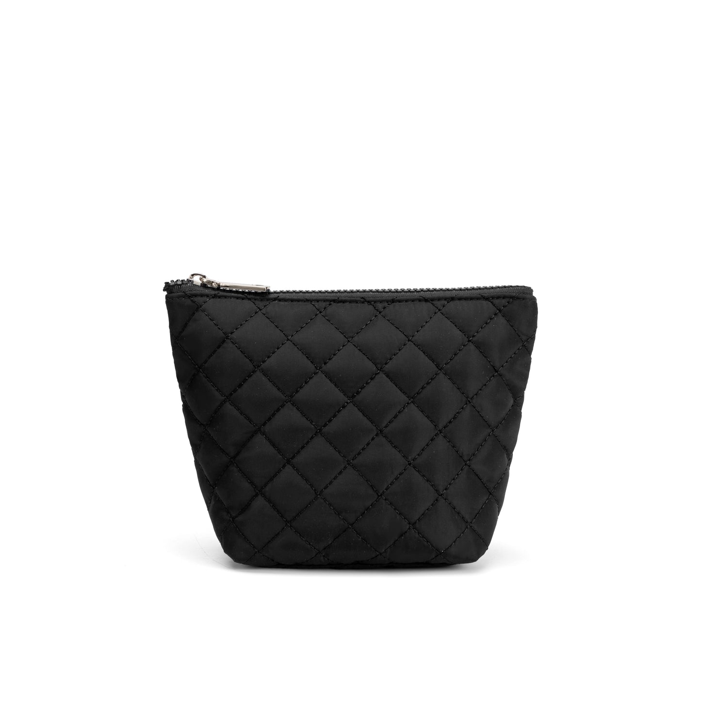Mayfair & Finch Park Lane quilted pouch with bold French ticking lining, versatile for use as a clutch, makeup bag, or travel organizer.