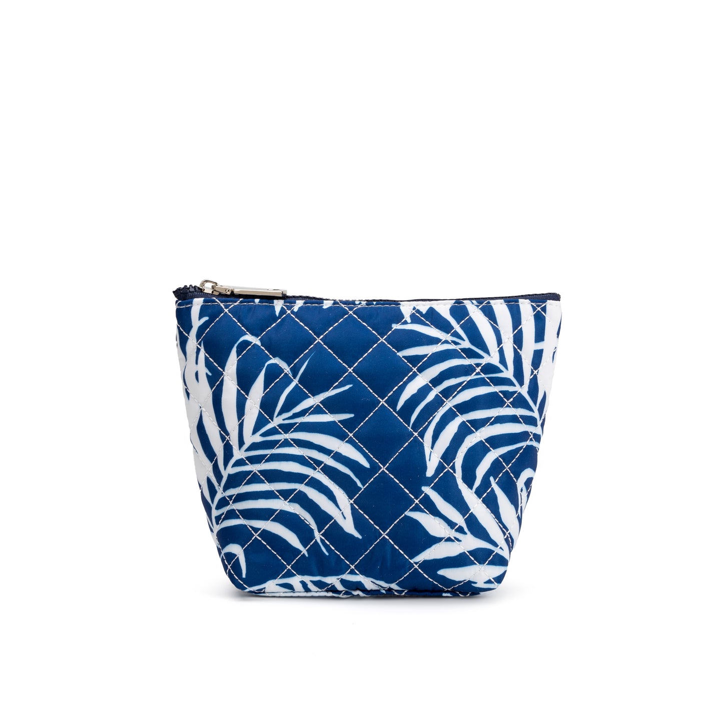 Mayfair & Finch Park Lane quilted pouch with bold French ticking lining, versatile for use as a clutch, makeup bag, or travel organizer.