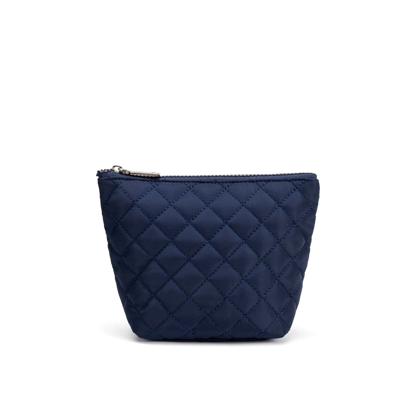 Mayfair & Finch Park Lane quilted pouch with bold French ticking lining, versatile for use as a clutch, makeup bag, or travel organizer.