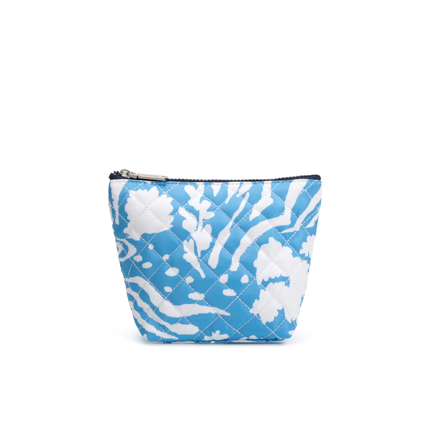 Mayfair & Finch Park Lane quilted pouch with bold French ticking lining, versatile for use as a clutch, makeup bag, or travel organizer.