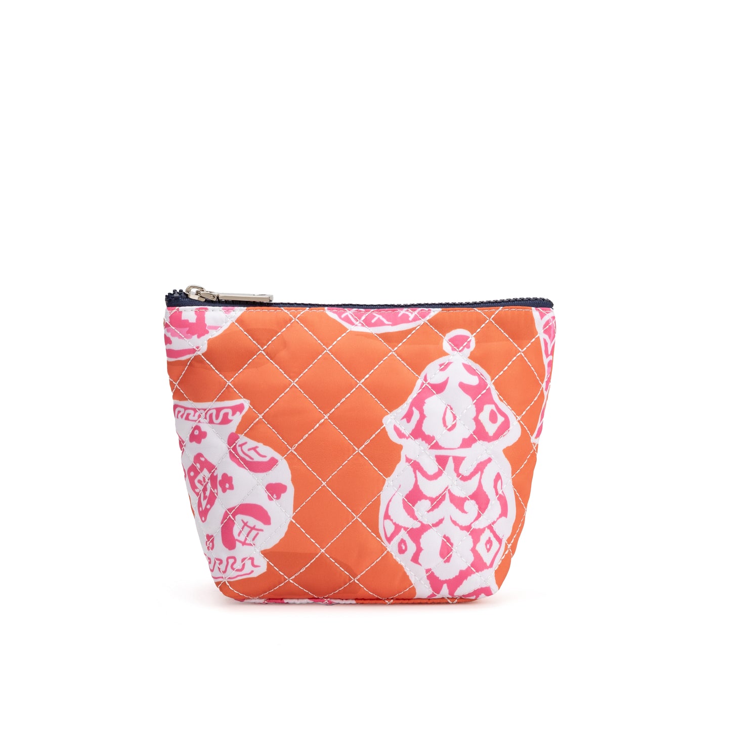 Mayfair & Finch Park Lane quilted pouch with bold French ticking lining, versatile for use as a clutch, makeup bag, or travel organizer.