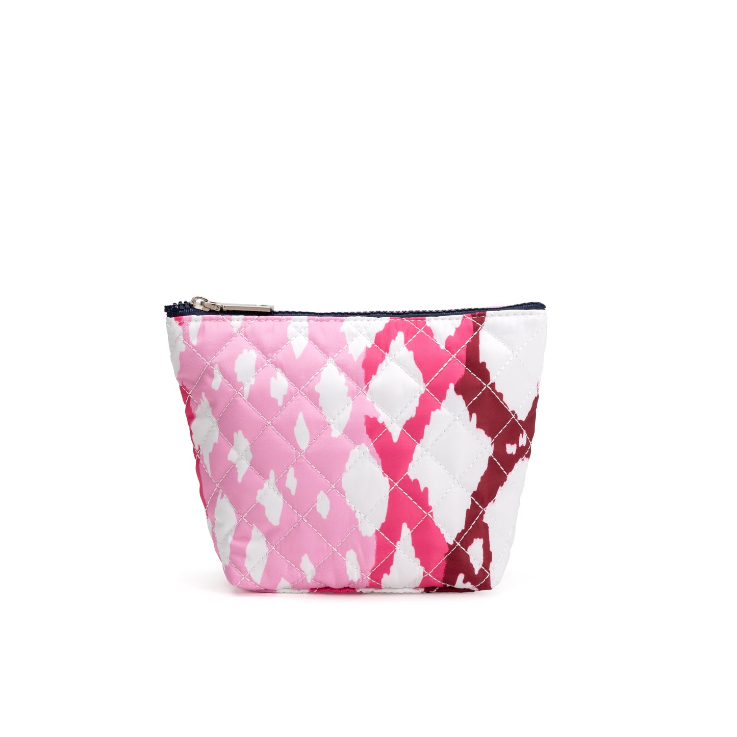 Mayfair & Finch Park Lane quilted pouch with bold French ticking lining, versatile for use as a clutch, makeup bag, or travel organizer.