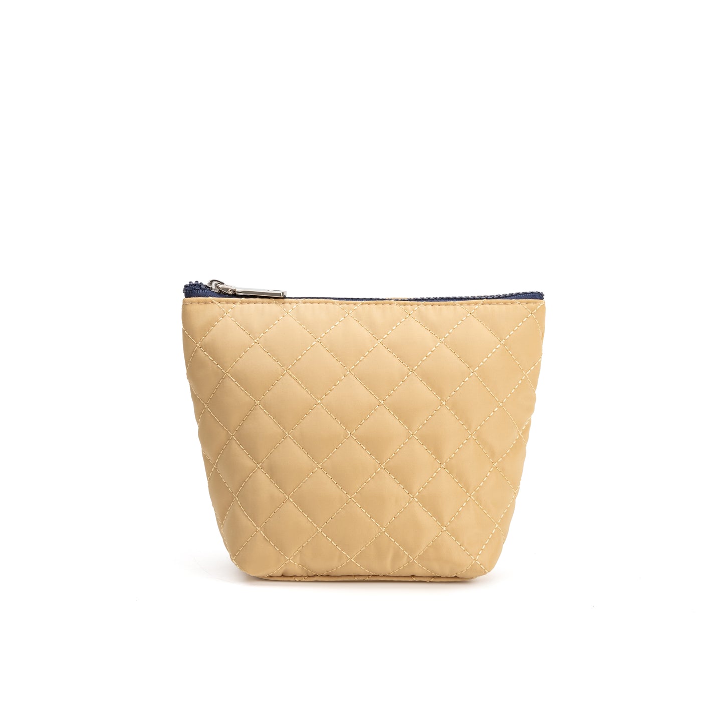 Mayfair & Finch Park Lane quilted pouch with bold French ticking lining, versatile for use as a clutch, makeup bag, or travel organizer.