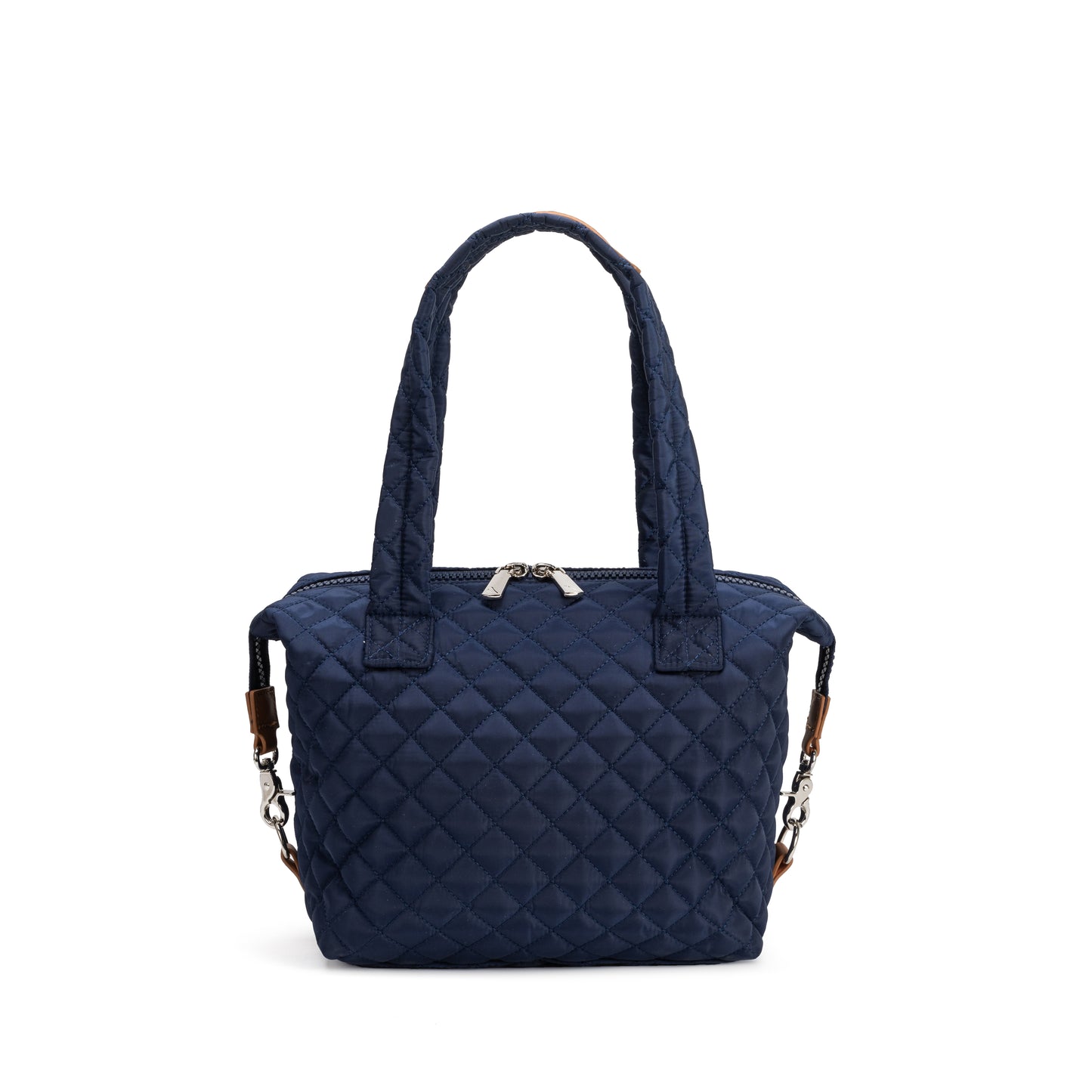 St. James Satchel by Mayfair & Finch, a refined quilted carryall with chrome accents, French ticking lining, and bonus Bond Bag for polished everyday style.