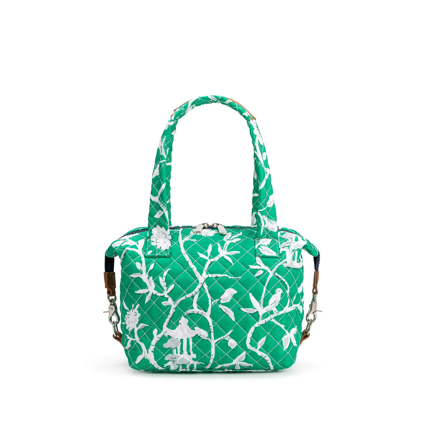 St. James Satchel by Mayfair & Finch, a refined quilted carryall with chrome accents, French ticking lining, and bonus Bond Bag for polished everyday style.
