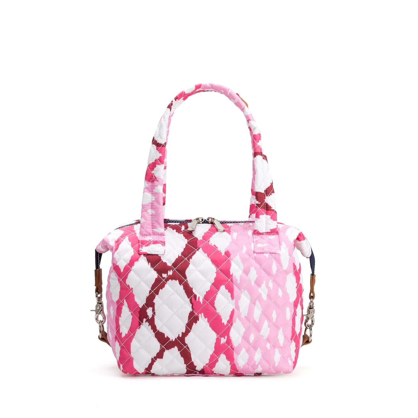 St. James Satchel by Mayfair & Finch, a refined quilted carryall with chrome accents, French ticking lining, and bonus Bond Bag for polished everyday style.
