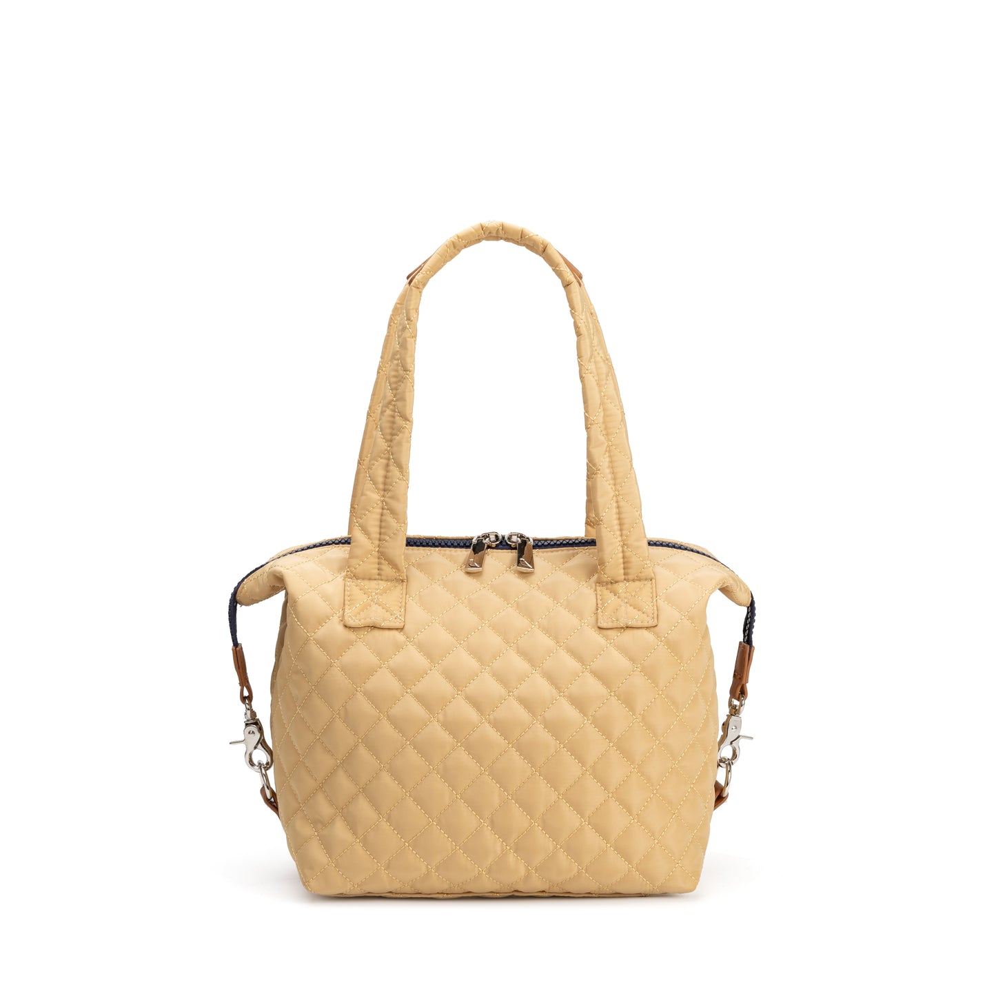 St. James Satchel by Mayfair & Finch, a refined quilted carryall with chrome accents, French ticking lining, and bonus Bond Bag for polished everyday style.