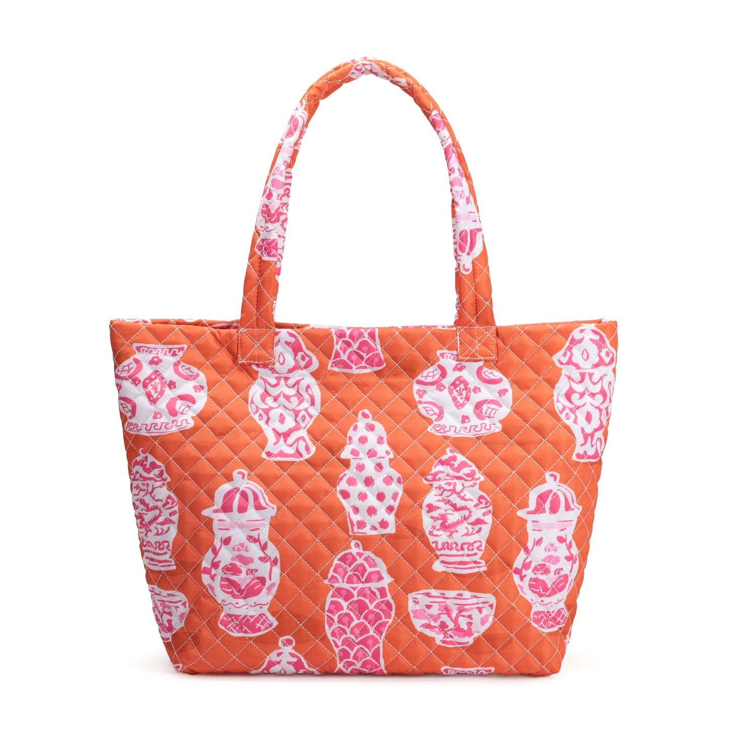 Albemarle Quilted Tote by Mayfair & Finch featuring a stylish quilted exterior, vibrant French ticking interior, and bonus Bond Bag, perfect for fashion and function.