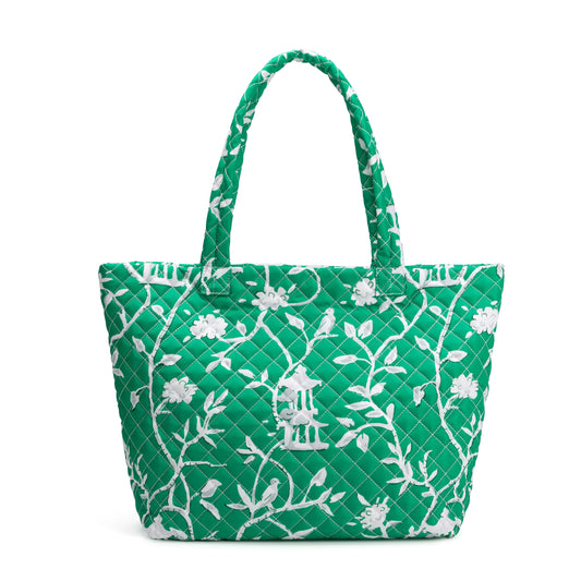 Albemarle Quilted Tote by Mayfair & Finch featuring a stylish quilted exterior, vibrant French ticking interior, and bonus Bond Bag, perfect for fashion and function.