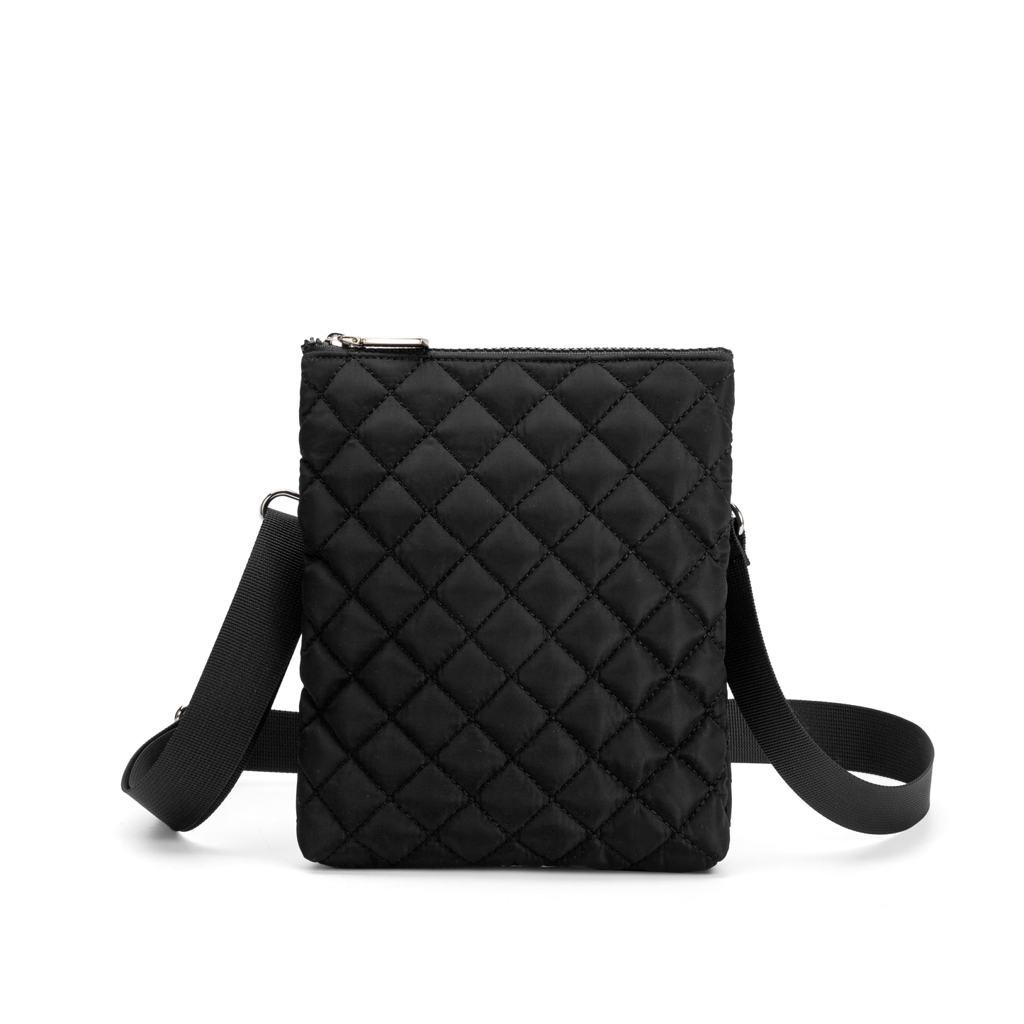 Hyde Park Crossbody Bag by Mayfair & Finch, featuring quilted fabric, French ticking lining, and sleek zip closure for stylish hands-free use.