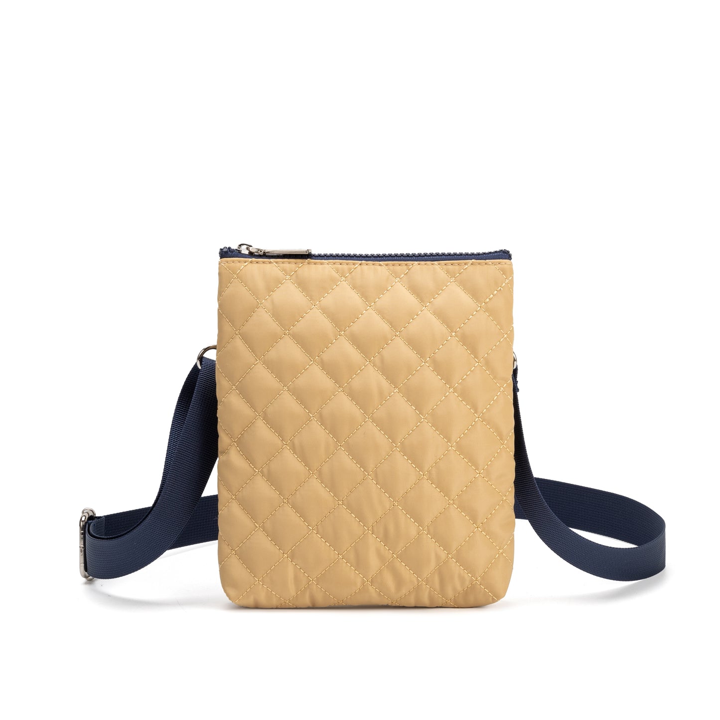 Hyde Park Crossbody Bag by Mayfair & Finch, featuring quilted fabric, French ticking lining, and sleek zip closure for stylish hands-free use.
