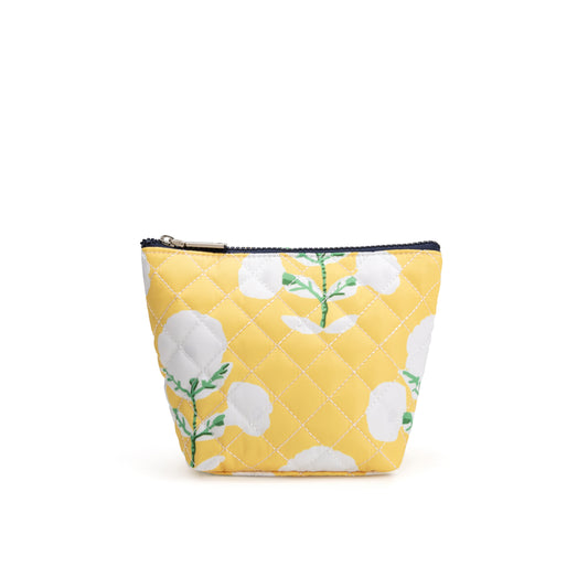 Mayfair & Finch Park Lane quilted pouch with bold French ticking lining, versatile for use as a clutch, makeup bag, or travel organizer.