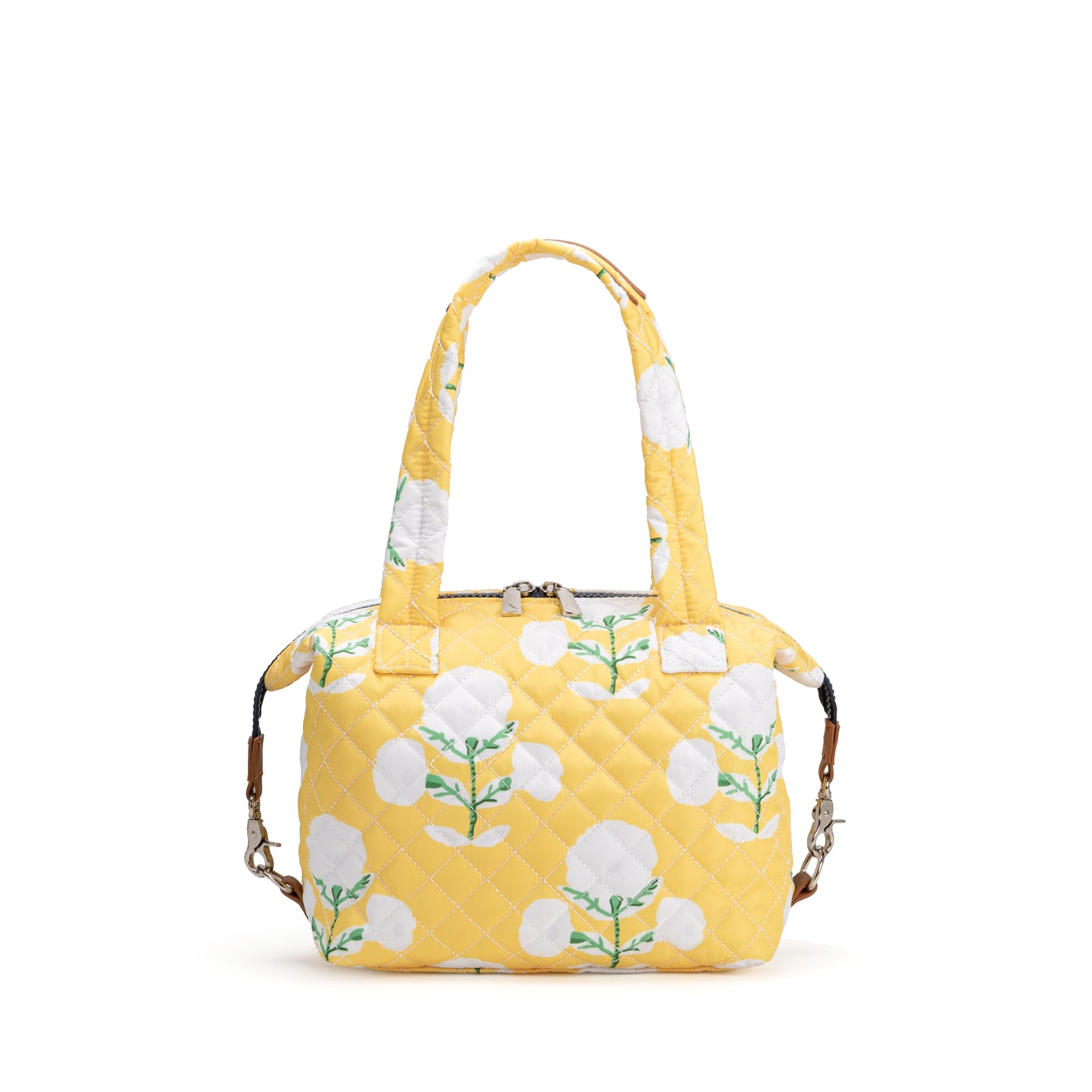 St. James Satchel by Mayfair & Finch, a refined quilted carryall with chrome accents, French ticking lining, and bonus Bond Bag for polished everyday style.