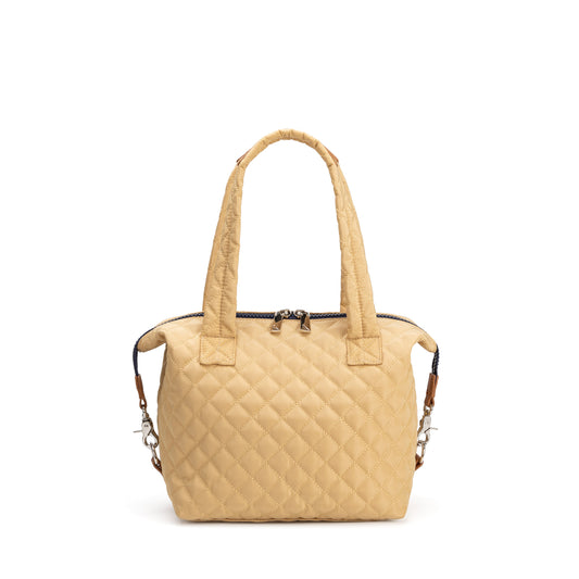 St. James Satchel by Mayfair & Finch, a refined quilted carryall with chrome accents, French ticking lining, and bonus Bond Bag for polished everyday style.